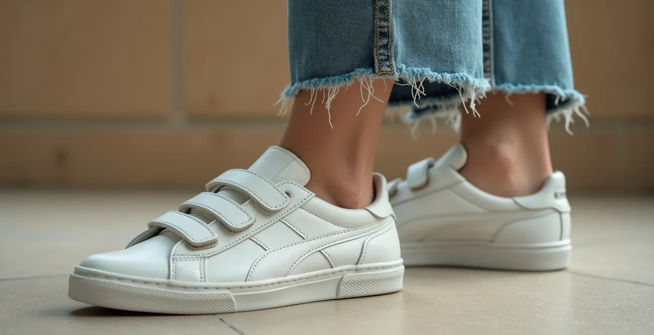 Photo d’une basket à scratch élégante portée dans un look casual chic adulte, avec couleurs sobres et textures fines
