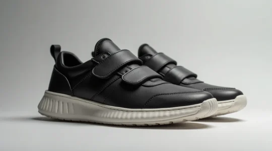 Photo réaliste d'une paire de baskets à scratch modernes pour adultes, posées sur un fond minimaliste clair avec un éclairage cinématographique doux mettant en valeur les textures fines du cuir et des semelles ergonomiques, composition soignée avec règle des tiers et espace négatif équilibré