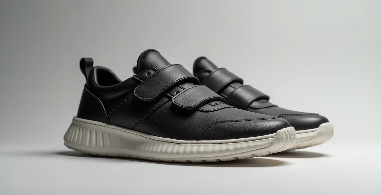 Photo réaliste d'une paire de baskets à scratch modernes pour adultes, posées sur un fond minimaliste clair avec un éclairage cinématographique doux mettant en valeur les textures fines du cuir et des semelles ergonomiques, composition soignée avec règle des tiers et espace négatif équilibré
