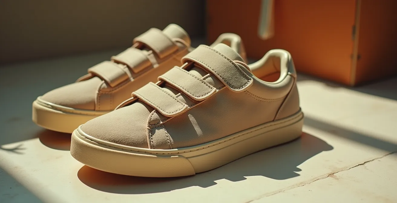 Photo d’une basket velcro vintage aux couleurs rétro posée sur un sol neutre avec lumière cinématographique douce